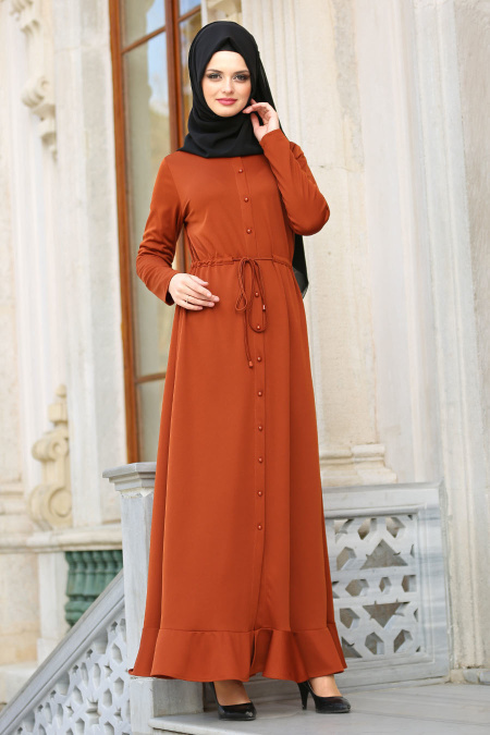 Neva Style - Etek Ucu Fırfırlı Taba Tesettür Elbise 42110TB