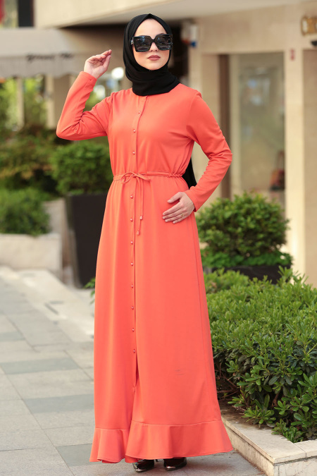 Neva Style - Etek Ucu Fırfırlı Turuncu Tesettür Elbise 42110T