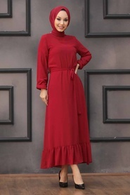 Neva Style - Etek Ucu Volanlı Bordo Tesettür Elbise 5473BR - Thumbnail