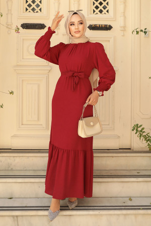 Neva Style - Etek Ucu Volanlı Bordo Tesettür Elbise 5972BR - 1