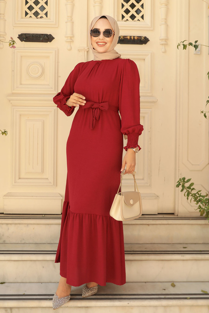 Neva Style - Etek Ucu Volanlı Bordo Tesettür Elbise 5972BR - 2
