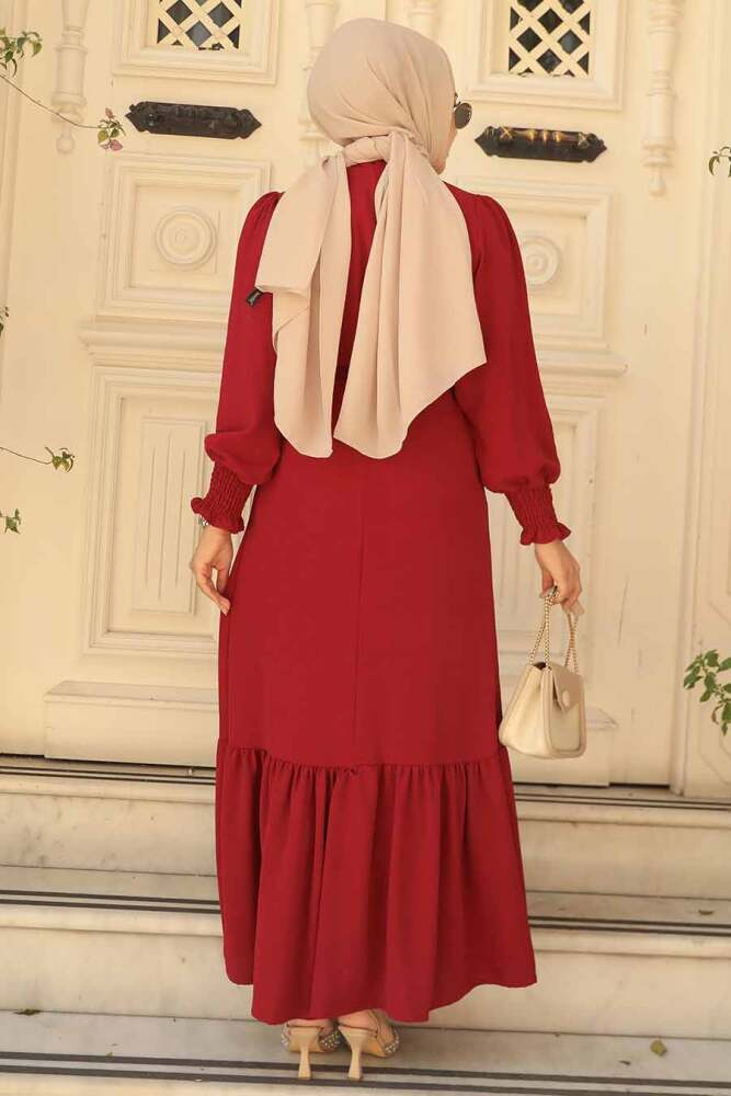 Neva Style - Etek Ucu Volanlı Bordo Tesettür Elbise 5972BR - 3