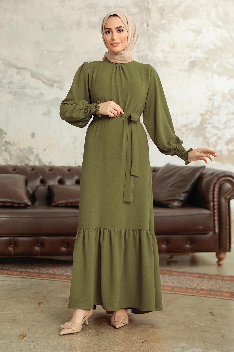 Neva Style - Etek Ucu Volanlı Haki Tesettür Elbise 5972HK