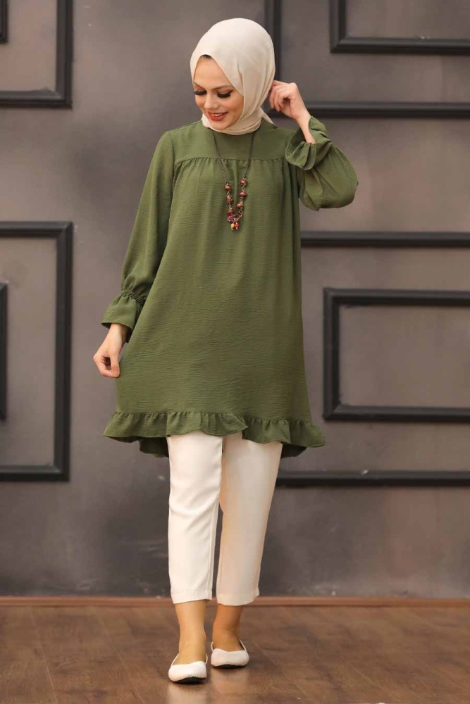 Neva Style - Etek Ucu Volanlı Haki Tesettür Tunik 528HK - 1