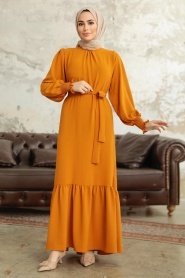 Neva Style - Etek Ucu Volanlı Hardal Tesettür Elbise 5972HR - Thumbnail