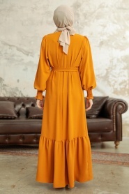 Neva Style - Etek Ucu Volanlı Hardal Tesettür Elbise 5972HR - Thumbnail