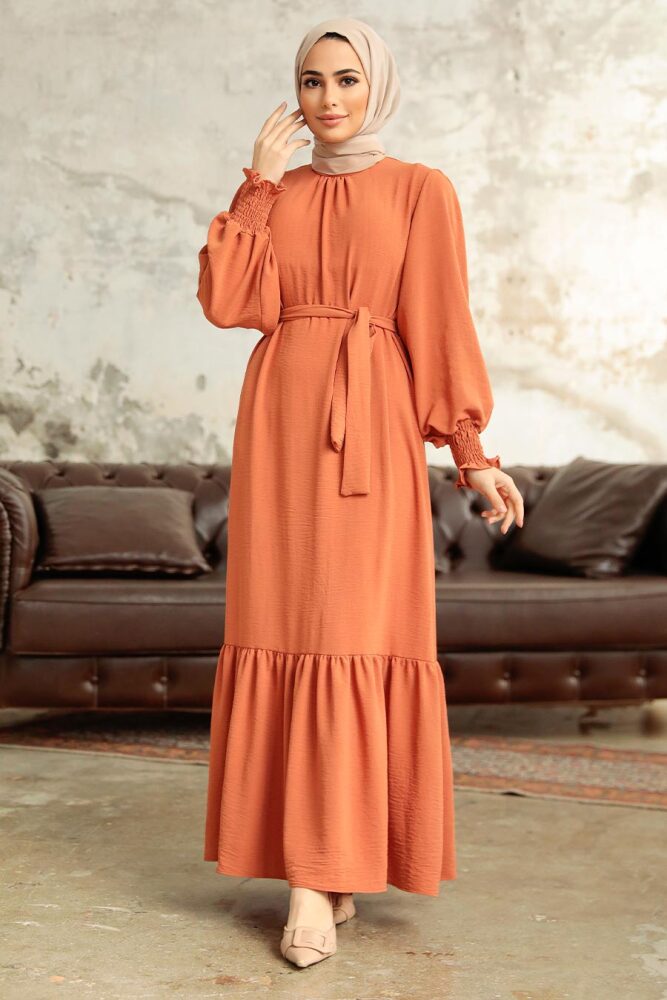 Neva Style - Etek Ucu Volanlı Kiremit Tesettür Elbise 5972KRMT - 1