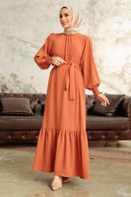 Neva Style - Etek Ucu Volanlı Kiremit Tesettür Elbise 5972KRMT - Thumbnail