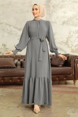 Robe longue et couvrante à ourlet volanté – Gris foncé 5972KGR - 1