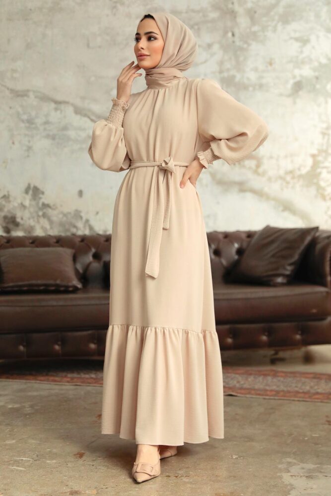 Neva Style - Etek Ucu Volanlı Krem Tesettür Elbise 5972KR - 1