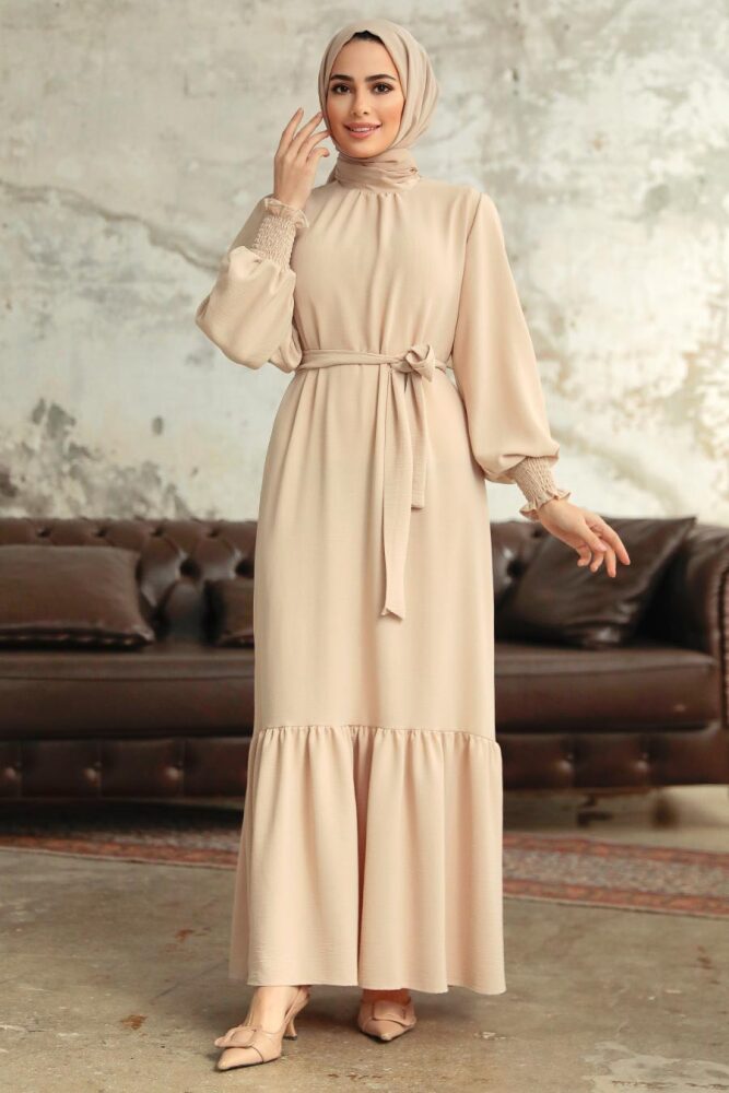 Neva Style - Etek Ucu Volanlı Krem Tesettür Elbise 5972KR - 2