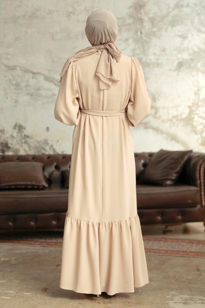 Neva Style - Etek Ucu Volanlı Krem Tesettür Elbise 5972KR - 3