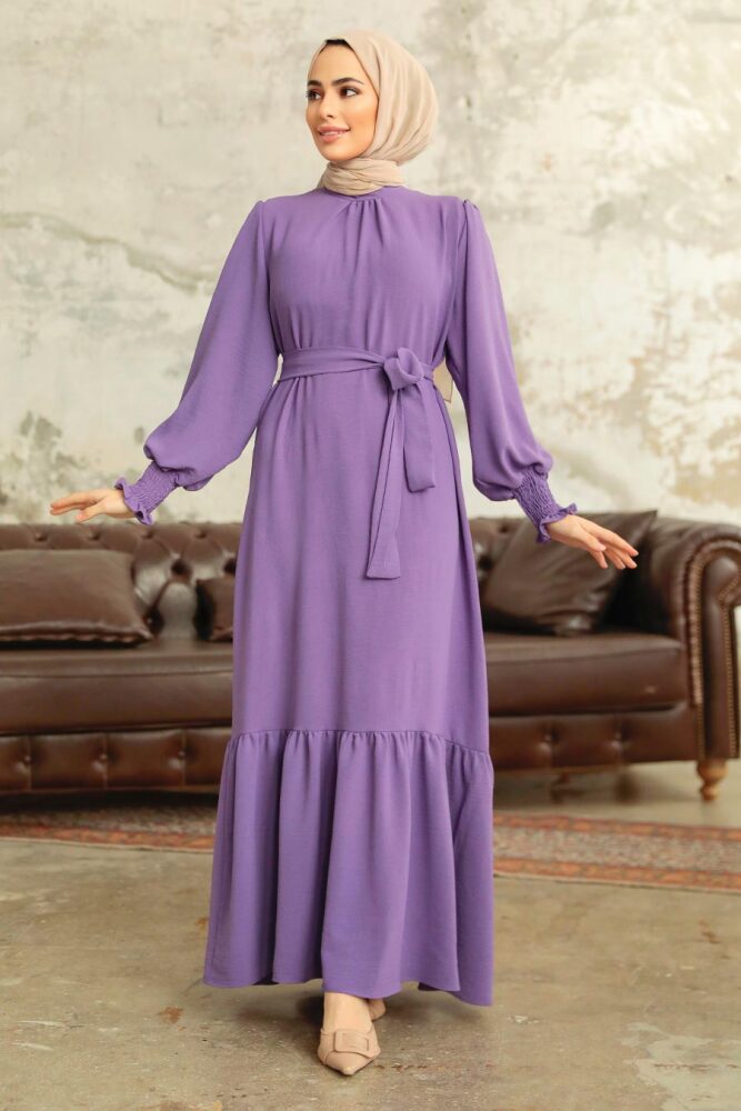 Neva Style - Etek Ucu Volanlı Lila Tesettür Elbise 5972LILA - 1