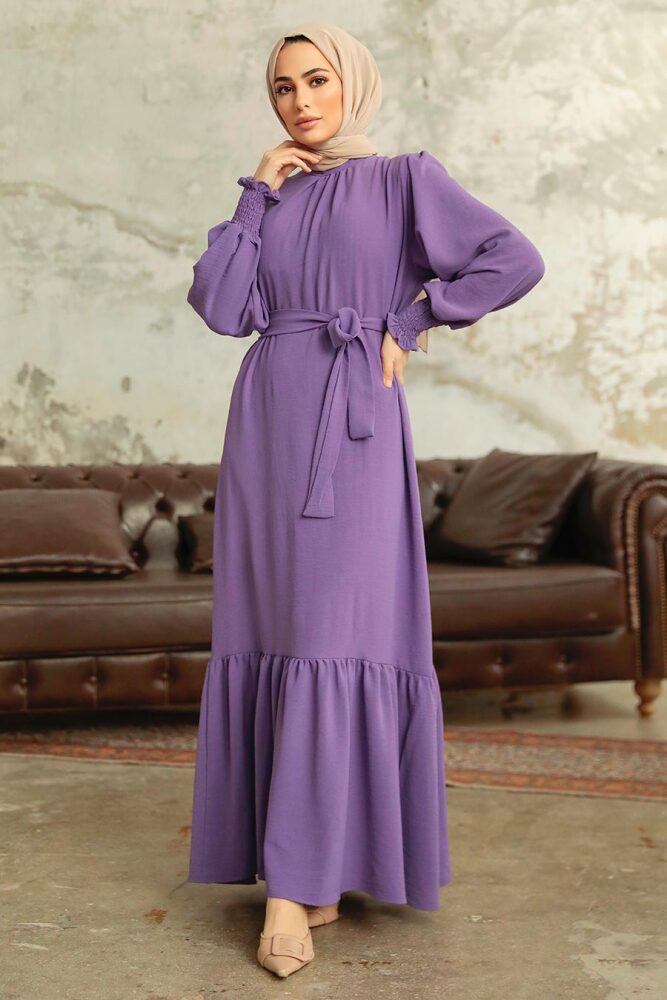 Neva Style - Etek Ucu Volanlı Lila Tesettür Elbise 5972LILA - 3