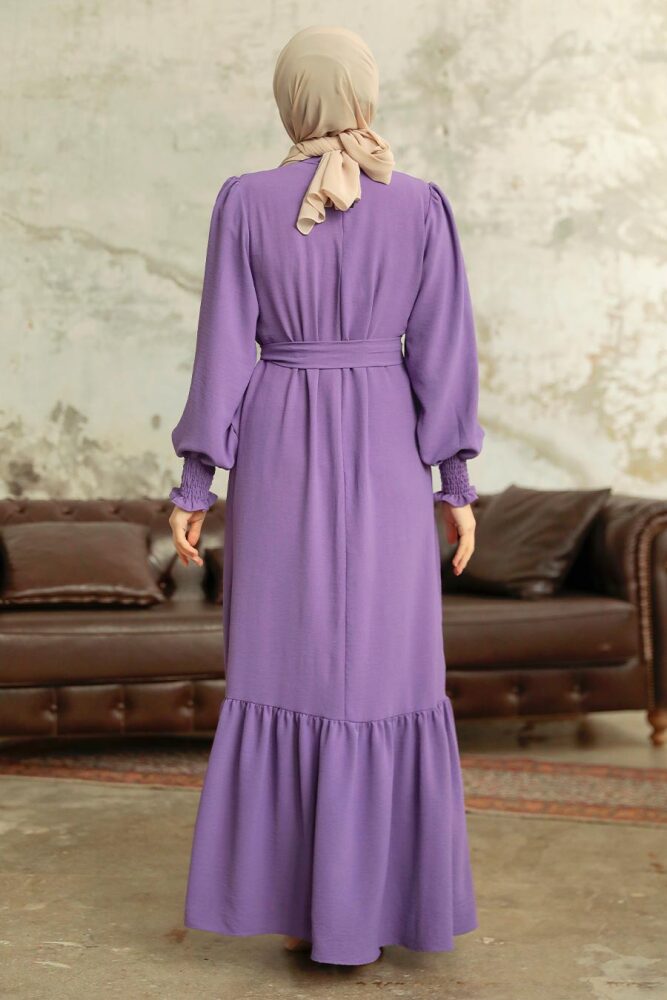Neva Style - Etek Ucu Volanlı Lila Tesettür Elbise 5972LILA - 4