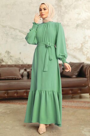 Neva Style - Etek Ucu Volanlı Mint Tesettür Elbise 5972MINT - 1