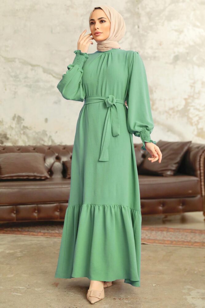 Neva Style - Etek Ucu Volanlı Mint Tesettür Elbise 5972MINT - 1