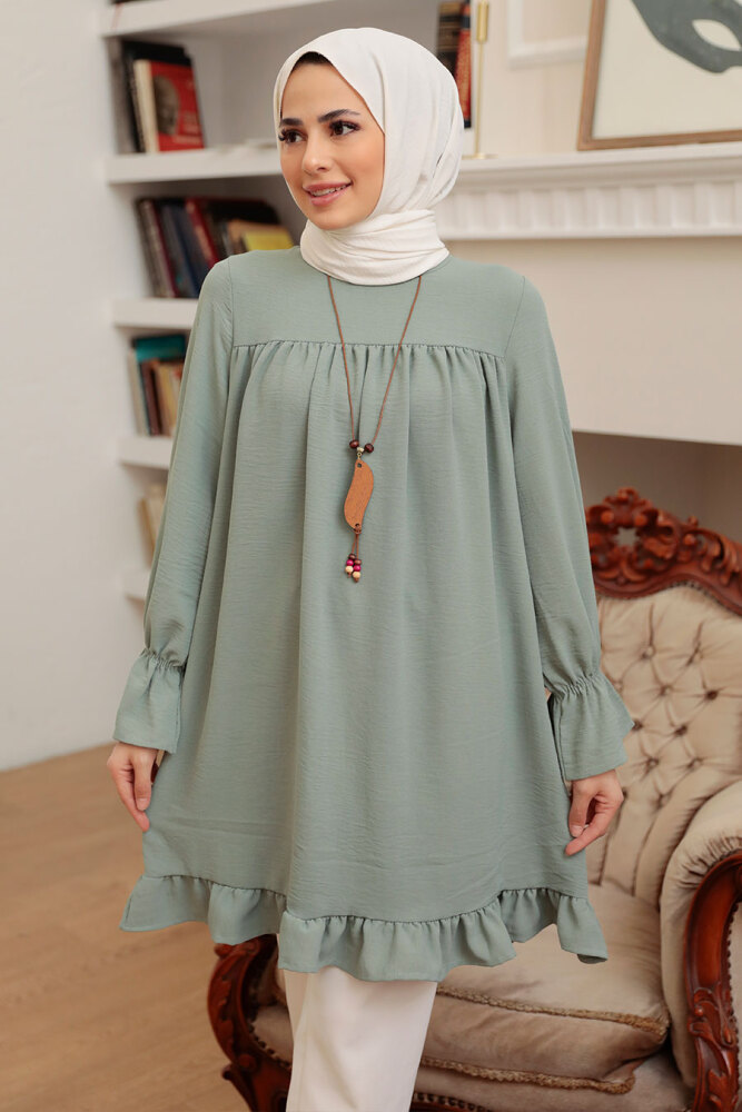 Neva Style - Etek Ucu Volanlı Mint Tesettür Tunik 40670MINT - 1