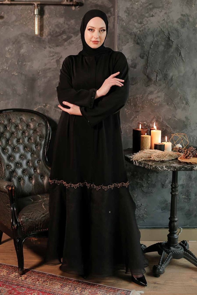  Etek Ucu Volanlı Siyah Tesettür Abaya 347800S - 1