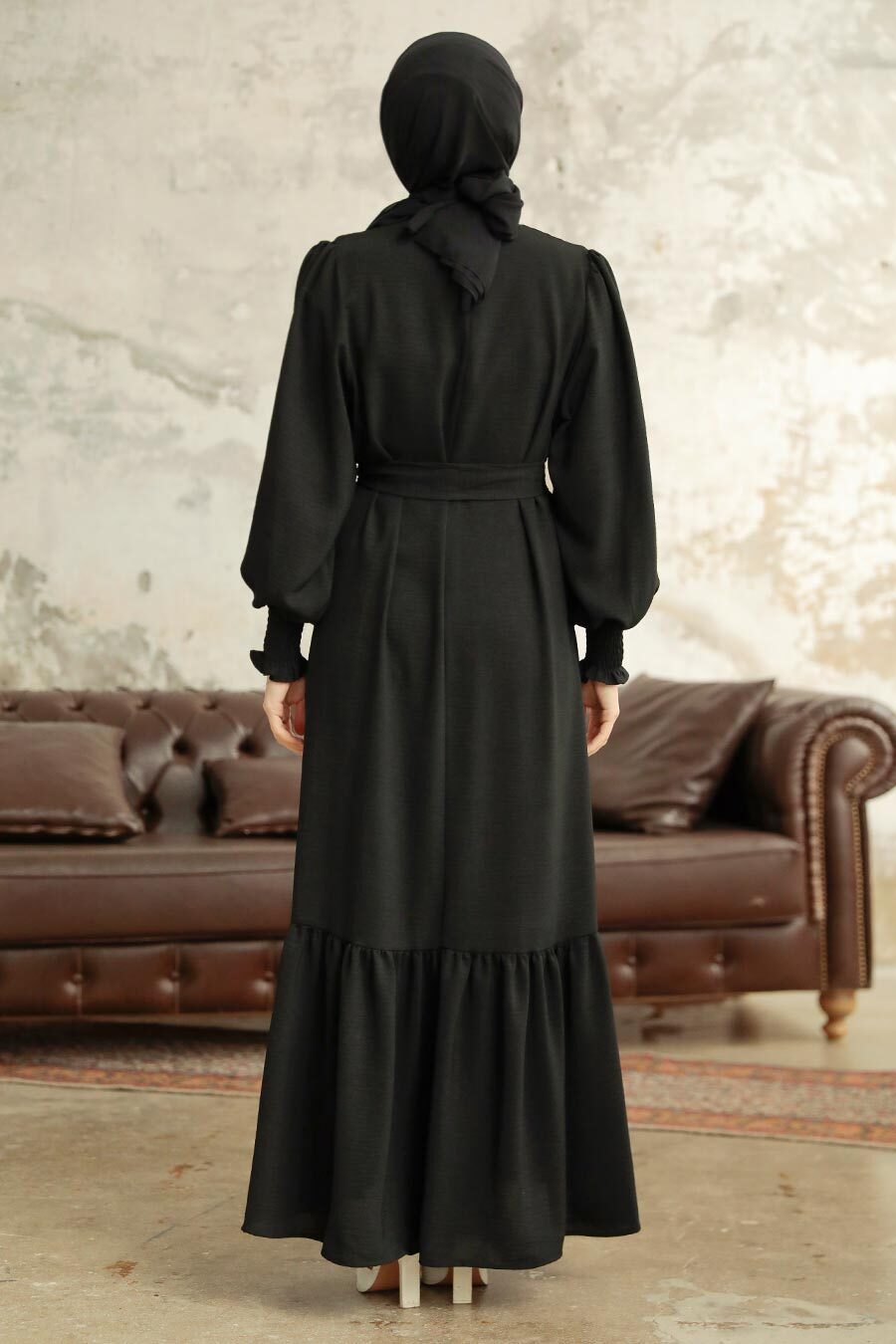 Neva Style - Etek Ucu Volanlı Siyah Tesettür Elbise 5972S