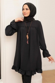 Neva Style - Etek Ucu Volanlı Siyah Tesettür Tunik 40670S - Thumbnail