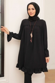 Neva Style - Etek Ucu Volanlı Siyah Tesettür Tunik 40670S - Thumbnail