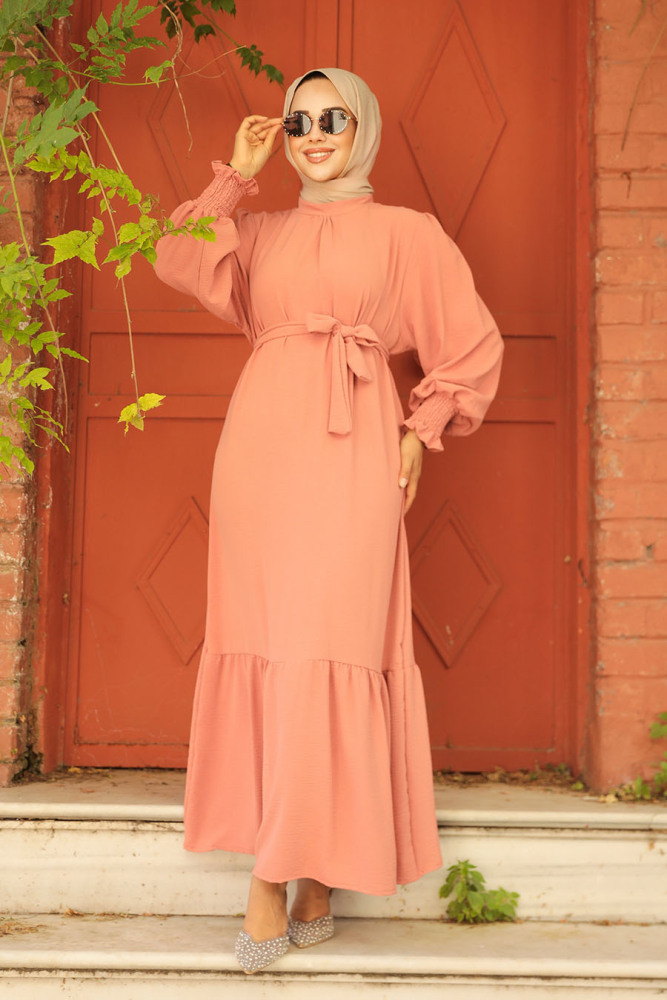 Neva Style - Etek Ucu Volanlı Somon Tesettür Elbise 5972SMN - 2
