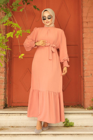 Neva Style - Etek Ucu Volanlı Somon Tesettür Elbise 5972SMN - 1