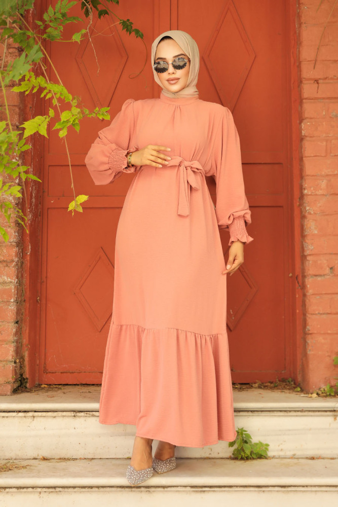 Neva Style - Etek Ucu Volanlı Somon Tesettür Elbise 5972SMN - 1