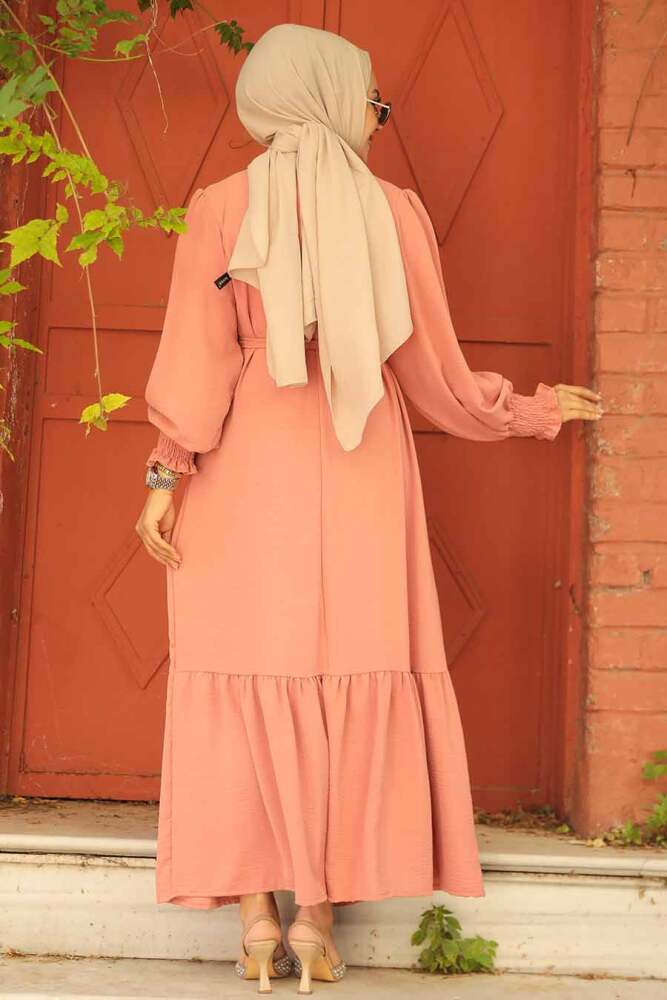 Neva Style - Etek Ucu Volanlı Somon Tesettür Elbise 5972SMN - 3