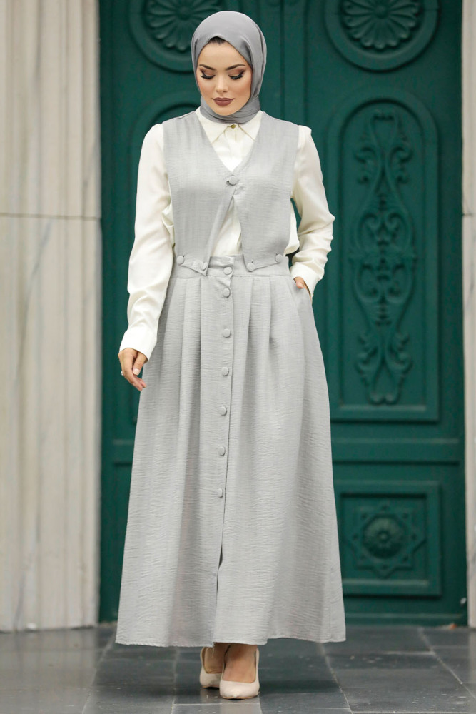 Neva Style - Etekli Gri Tesettür İkili Takım 56741GR - 2