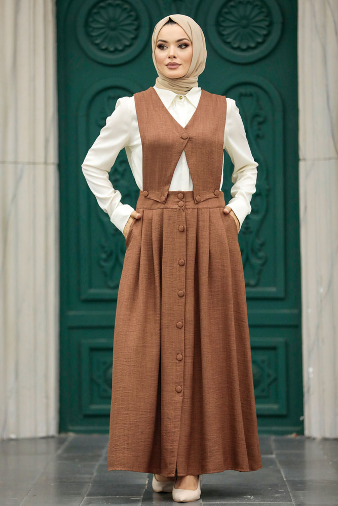 Neva Style - Etekli Kahverengi Tesettür İkili Takım 56741KH - NEVA STYLE