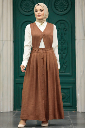 Neva Style - Etekli Kahverengi Tesettür İkili Takım 56741KH - 2