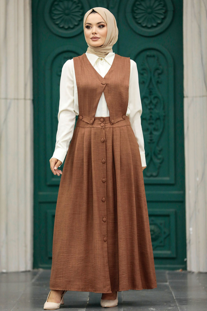 Neva Style - Etekli Kahverengi Tesettür İkili Takım 56741KH - 2