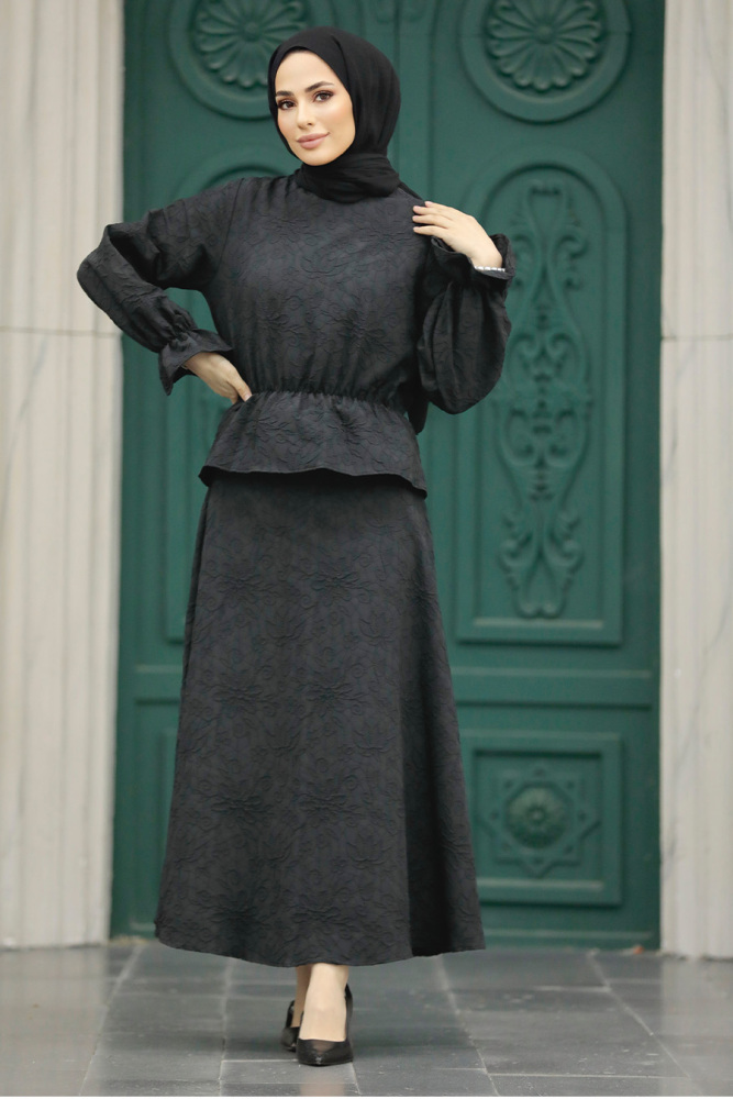 Neva Style - Etekli Siyah Tesettür İkili Takım 31921S - NEVA STYLE
