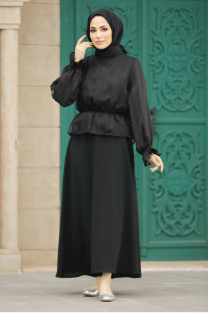 Neva Style - Etekli Siyah Tesettür İkili Takım 3199S - 3