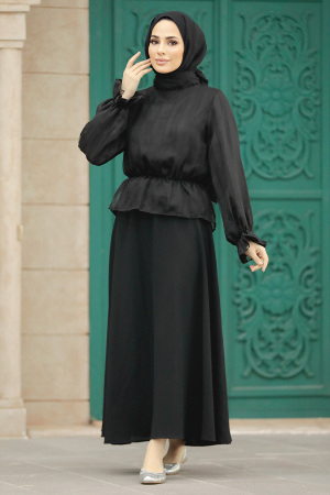 Neva Style - Etekli Siyah Tesettür İkili Takım 3199S - 2