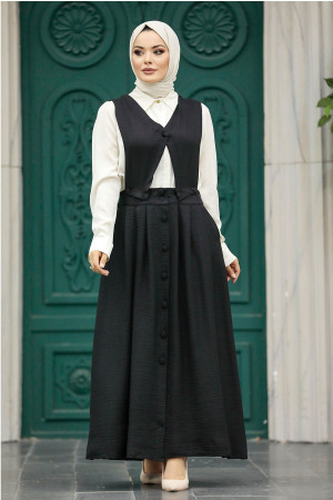 Neva Style - Etekli Siyah Tesettür İkili Takım 56741S - 1