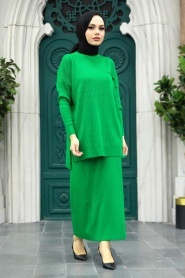Neva Style - Etekli Yeşil Tesettür Triko İkili Takım 34021Y - Thumbnail