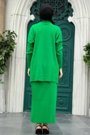Neva Style - Etekli Yeşil Tesettür Triko İkili Takım 34021Y - Thumbnail