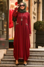 Neva Style - Etnik Desen Detaylı Bordo Tesettür Elbise 9540BR - Thumbnail