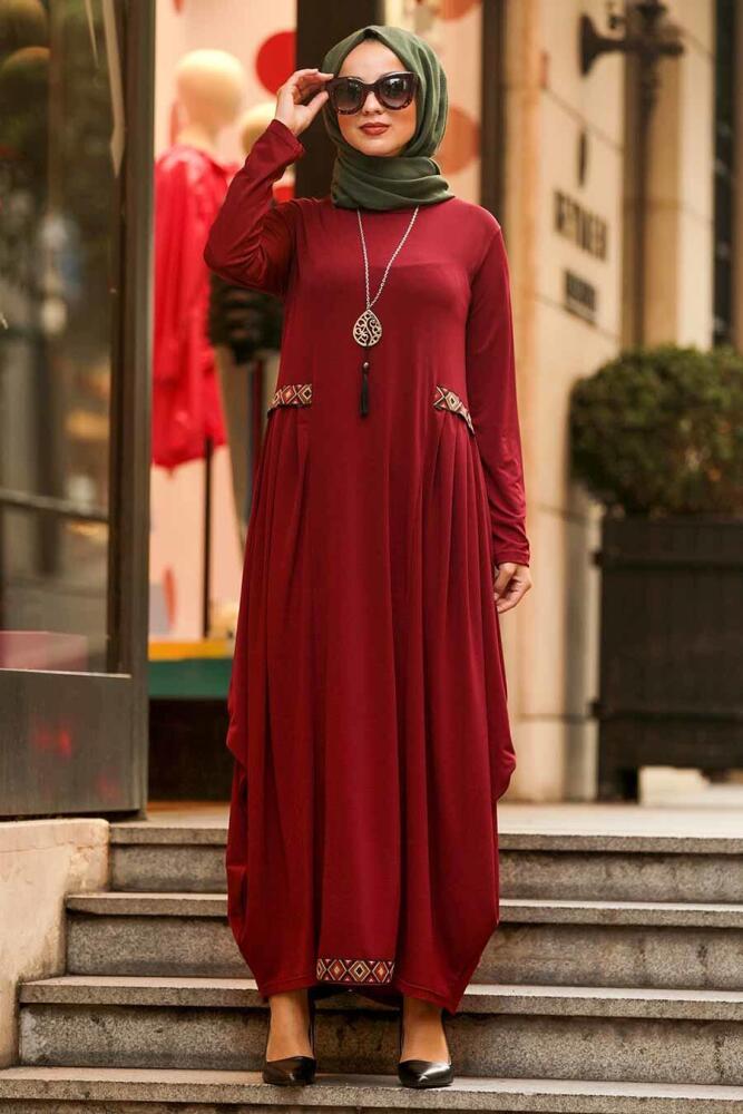 Neva Style - Etnik Desen Detaylı Bordo Tesettür Elbise 9540BR - 1