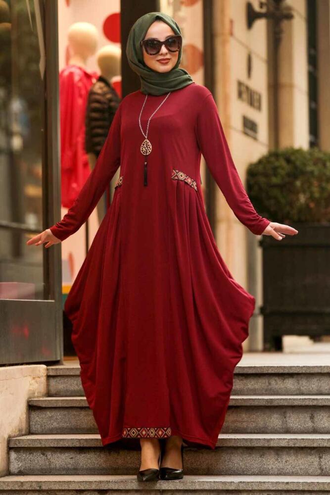 Neva Style - Etnik Desen Detaylı Bordo Tesettür Elbise 9540BR - 2