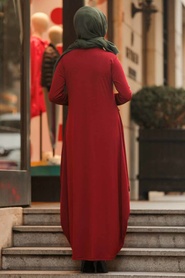 Neva Style - Etnik Desen Detaylı Bordo Tesettür Elbise 9540BR - Thumbnail