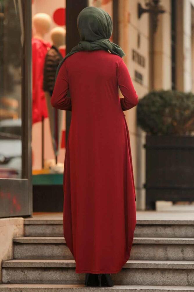 Neva Style - Etnik Desen Detaylı Bordo Tesettür Elbise 9540BR - 3