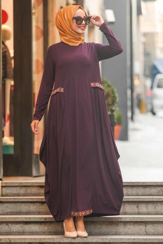 Neva Style - Etnik Desen Detaylı Mürdüm Tesettür Elbise 9540MU - 1
