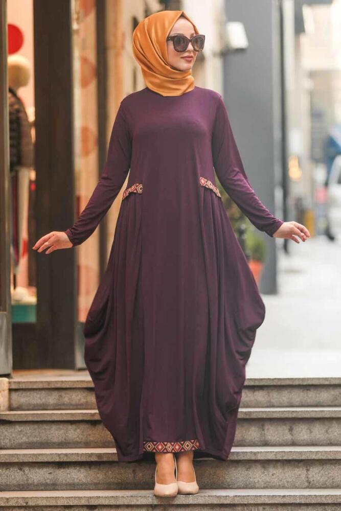 Neva Style - Etnik Desen Detaylı Mürdüm Tesettür Elbise 9540MU - 2
