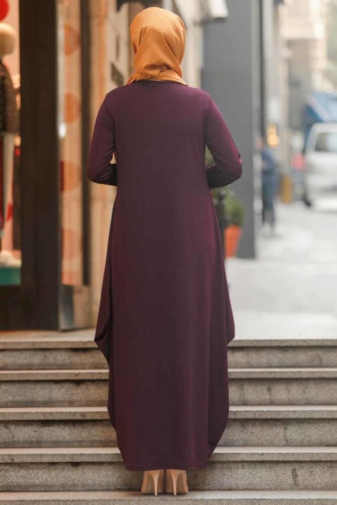 Neva Style - Etnik Desen Detaylı Mürdüm Tesettür Elbise 9540MU - 3