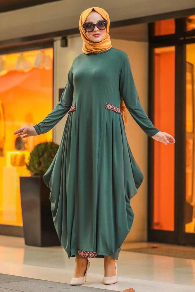 Neva Style - Etnik Desen Detaylı Yeşil Tesettür Elbise 9540Y - 1