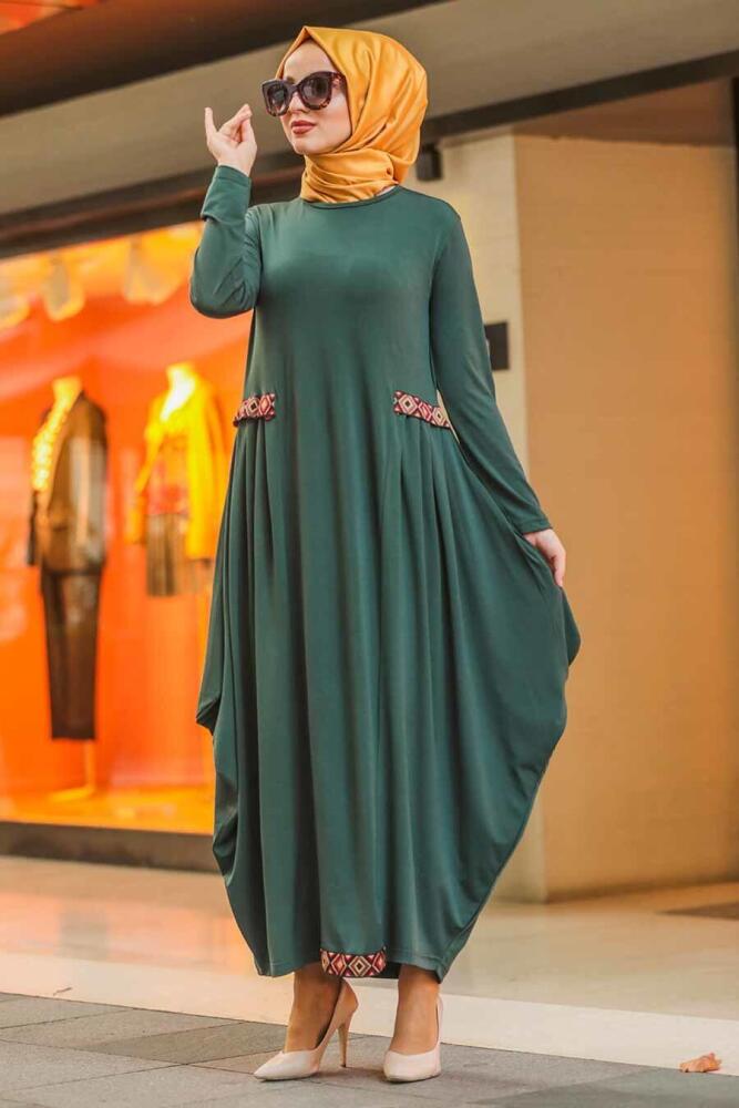 Neva Style - Etnik Desen Detaylı Yeşil Tesettür Elbise 9540Y - 2